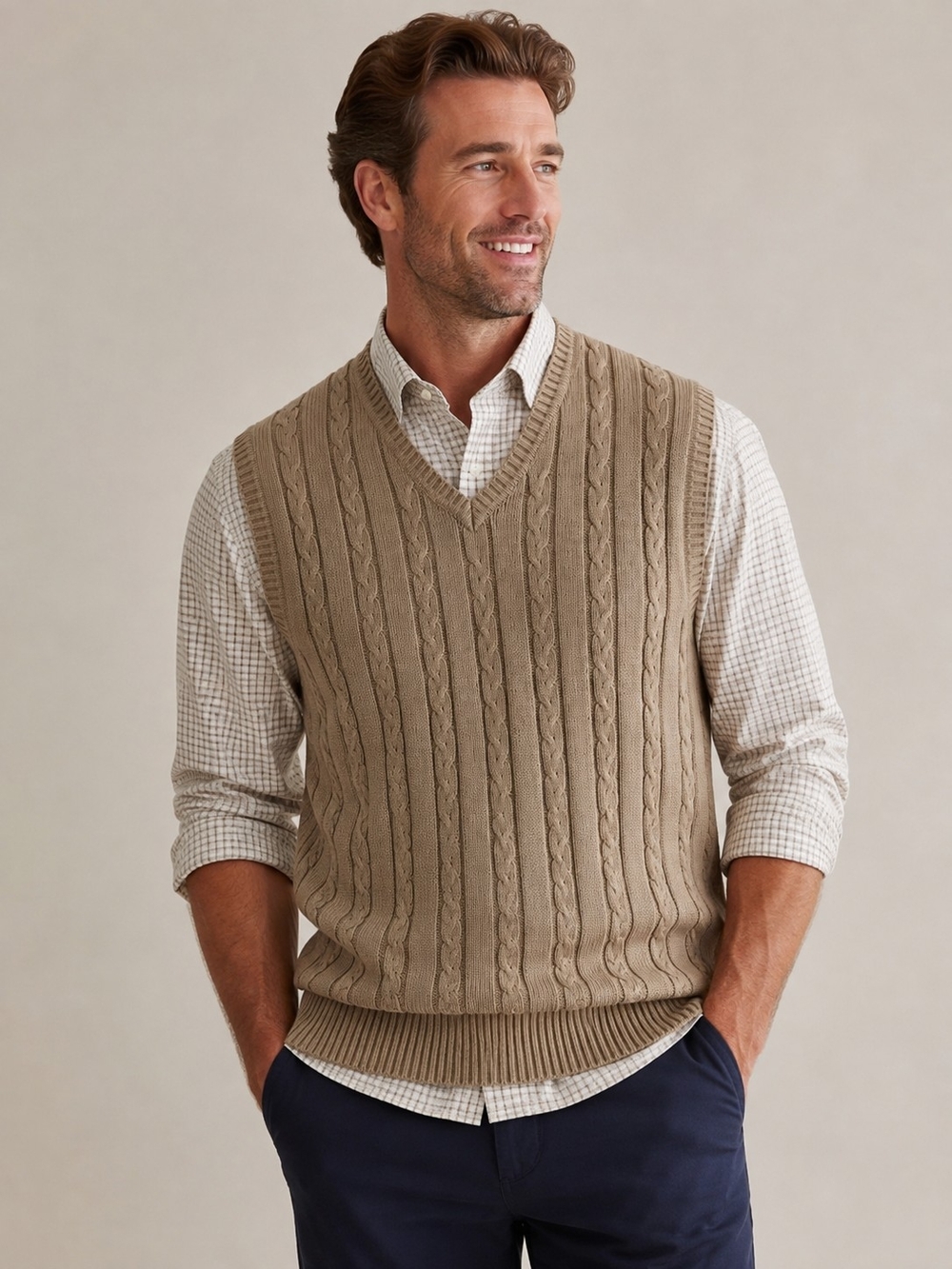 Geoffrey Beene Mens Cable Knit Sweater Vest Tan Beige 100% Cotton VNeck Size XL